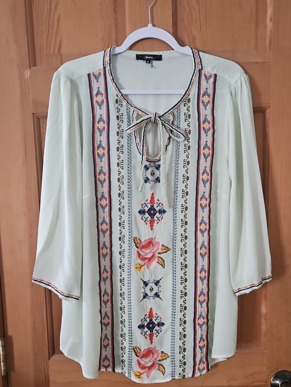 ANDREE BY UNIT Pale Green Embroidered Boho Tunic with Tie Neck